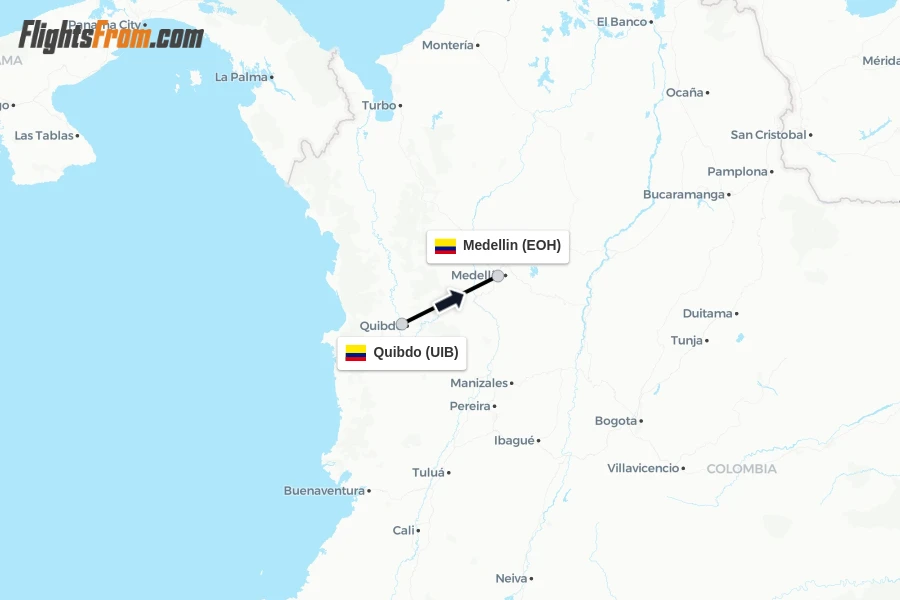 Flights from Quibdo to Medellin route map