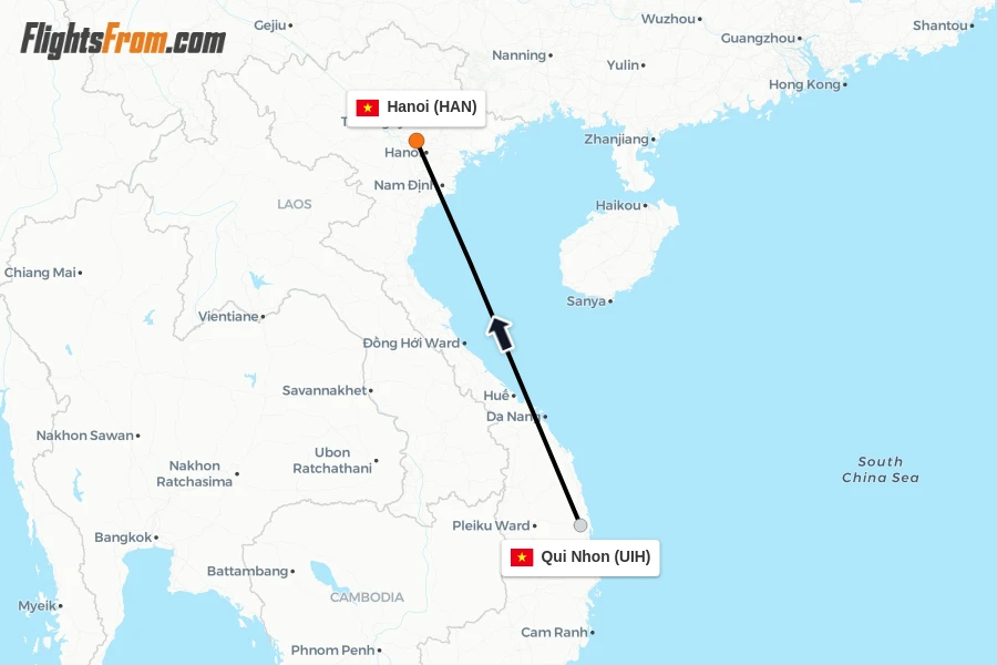 Flights from Qui Nhon to Hanoi route map