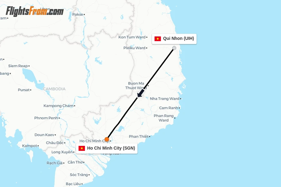 Flights from Qui Nhon to Ho Chi Minh City route map