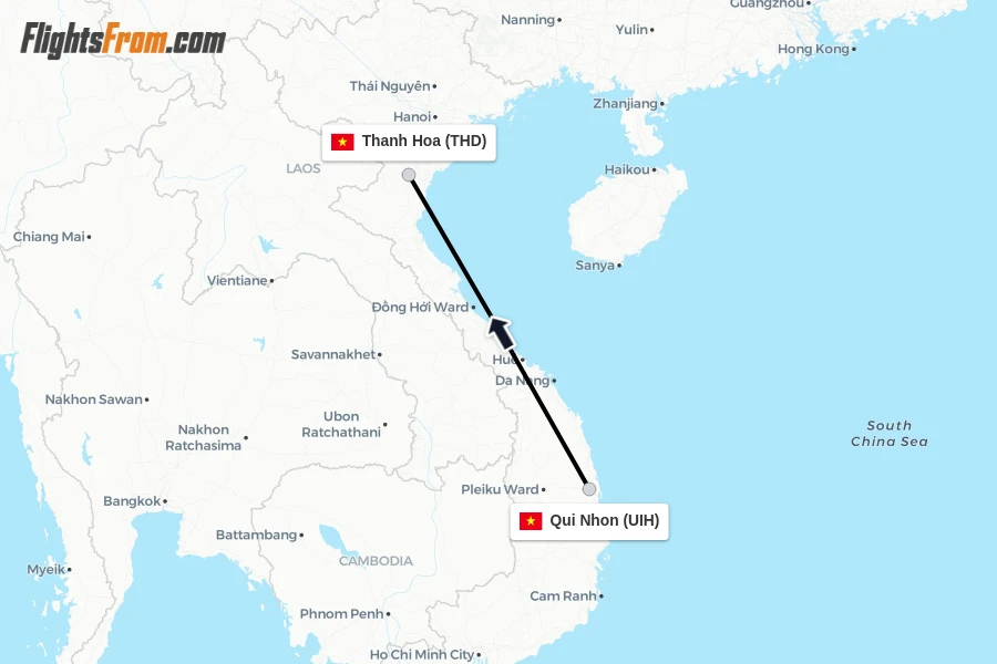 Flights from Qui Nhon to Thanh Hoa route map