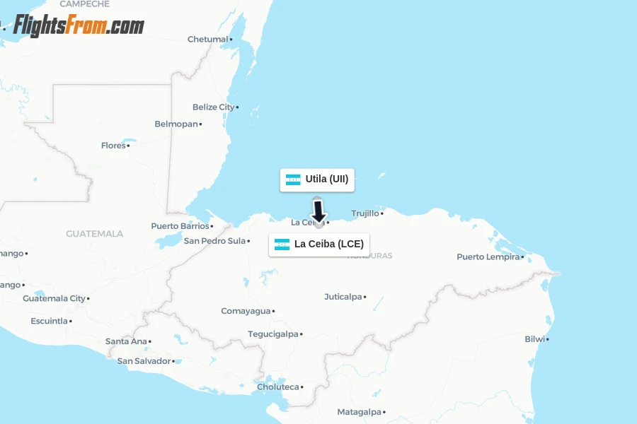 Flights from Utila to La Ceiba route map