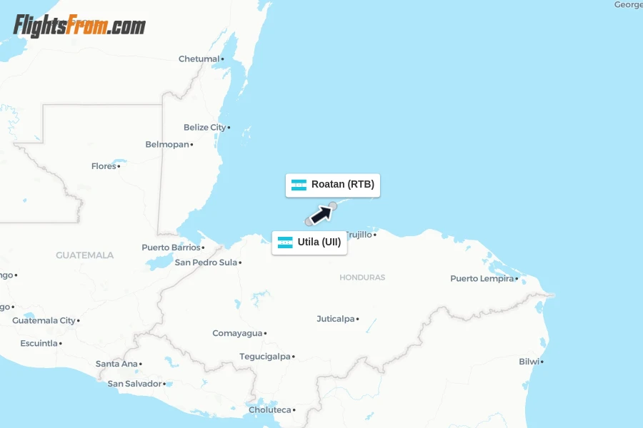 Flights from Utila to Roatan route map