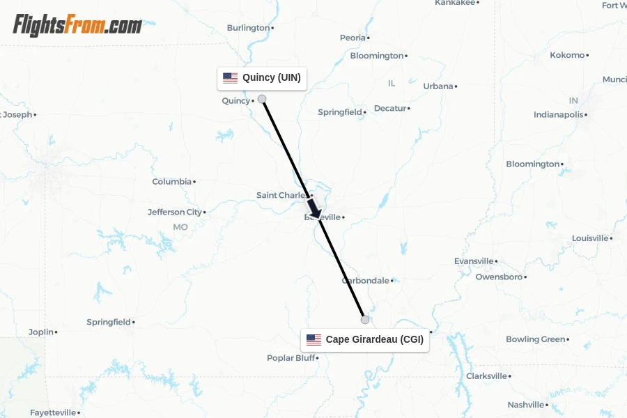 Flights from Quincy to Cape Girardeau route map