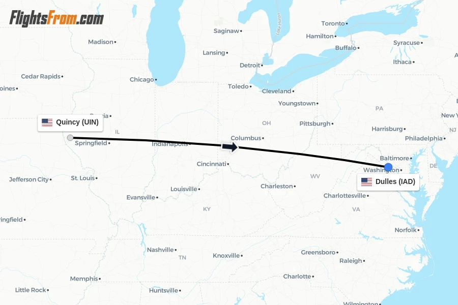 Flights from Quincy to Dulles route map