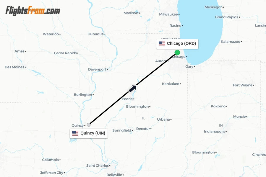 Flights from Quincy to Chicago route map