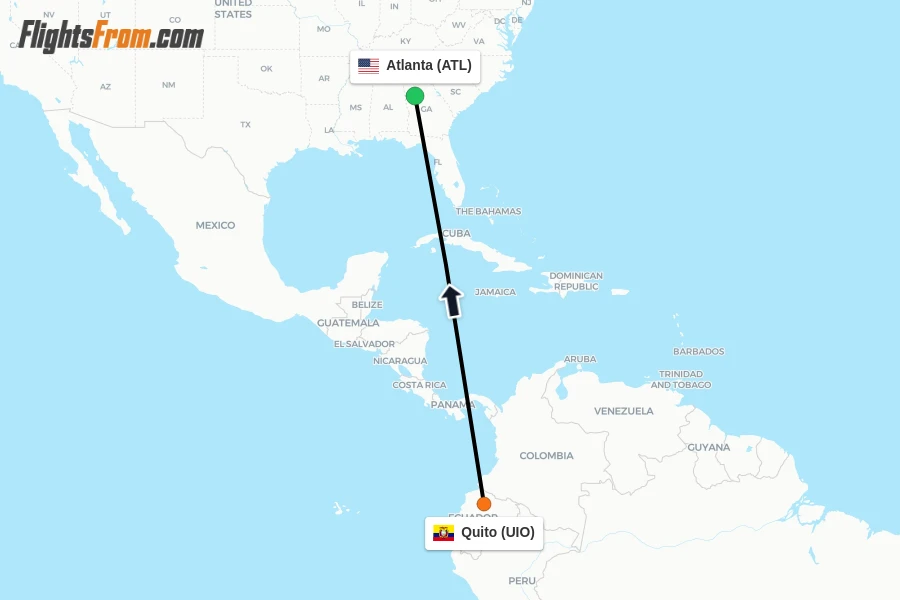 Flights from Quito to Atlanta route map