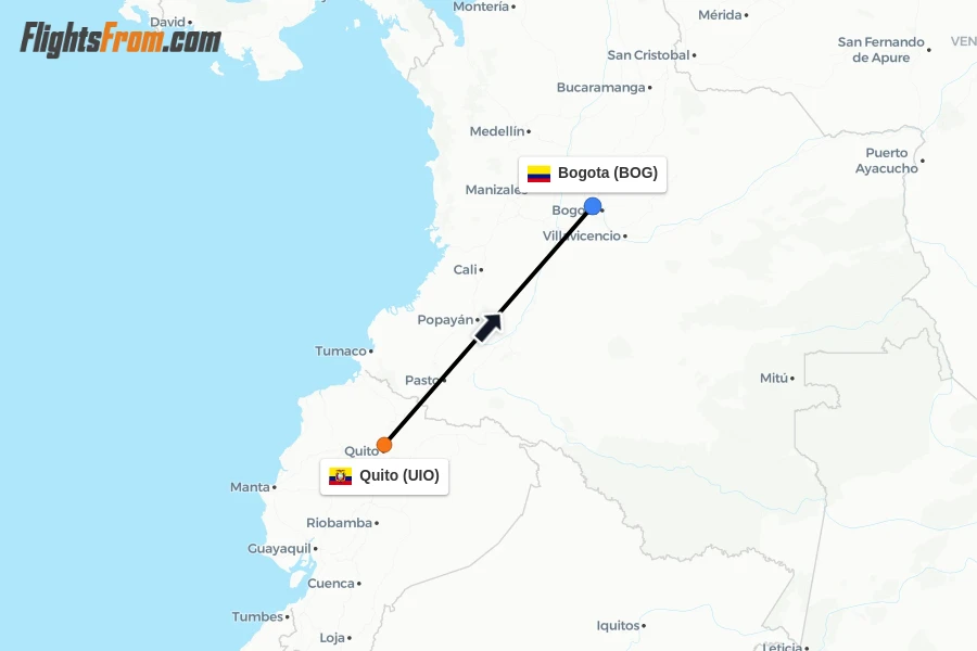 Flights from Quito to Bogota route map