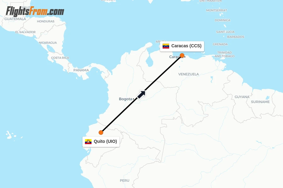 Flights from Quito to Caracas route map