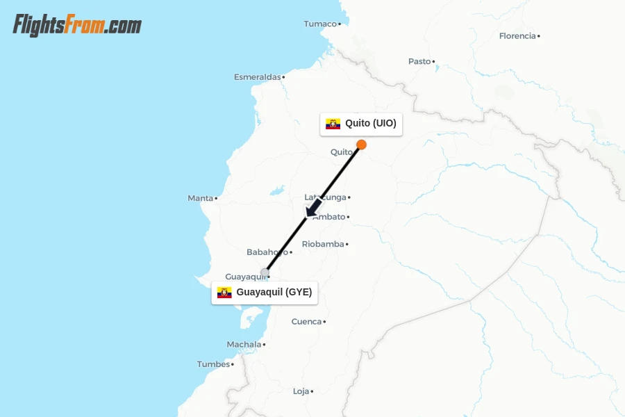 Flights from Quito to Guayaquil route map