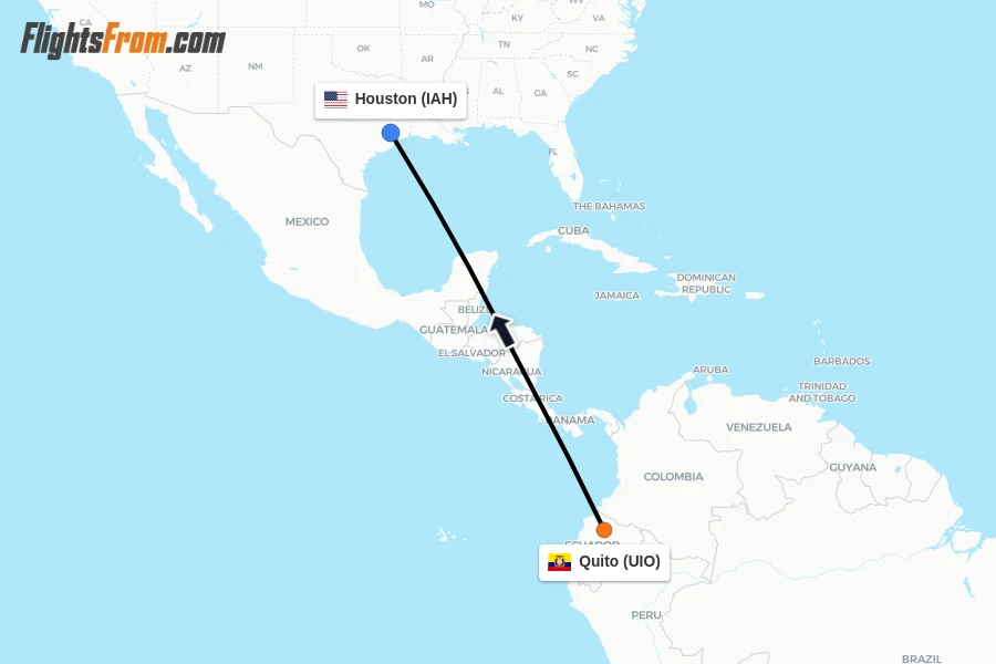 Flights from Quito to Houston route map
