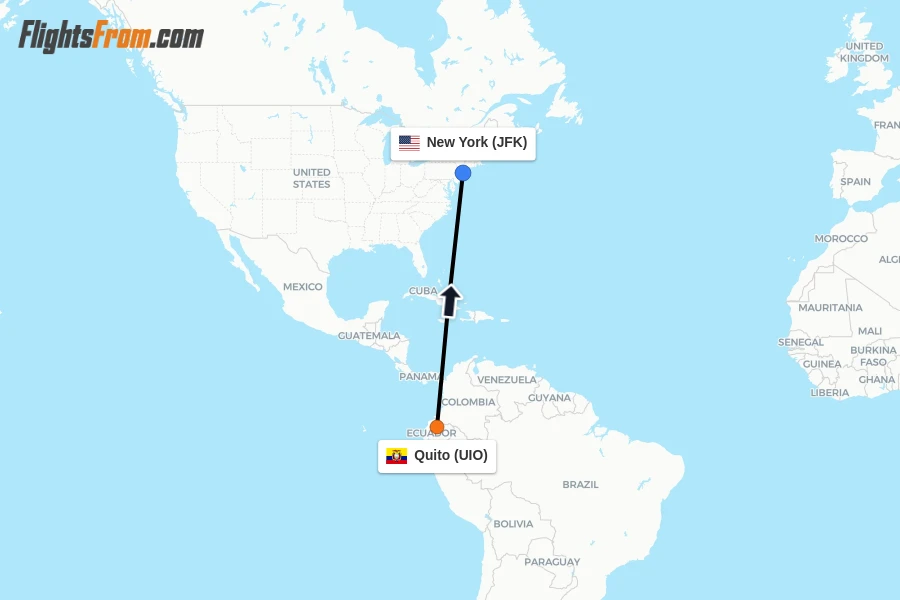Flights from Quito to New York route map