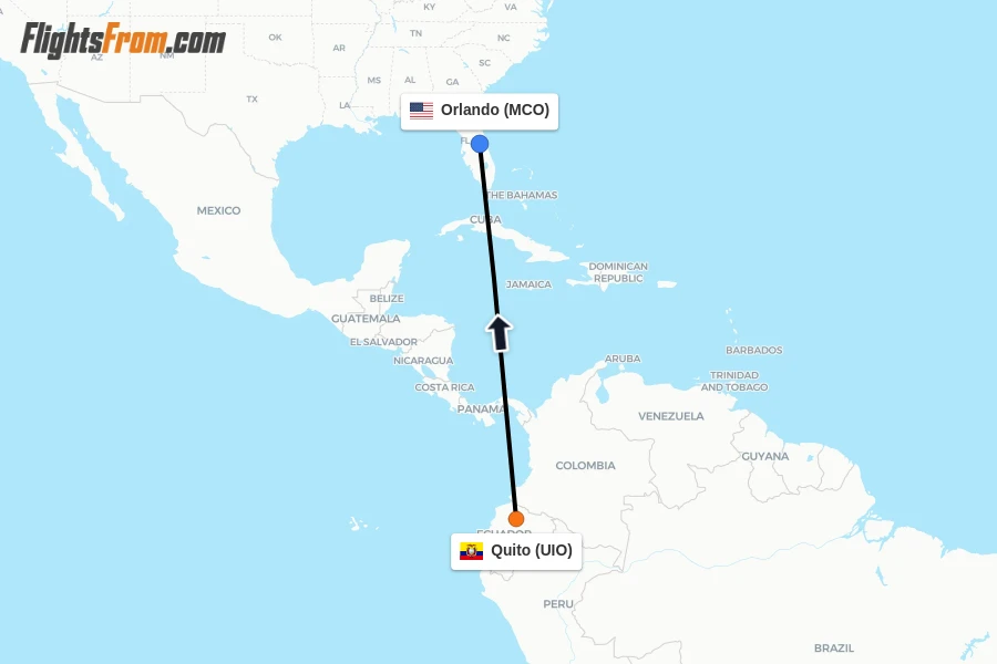 Flights from Quito to Orlando route map