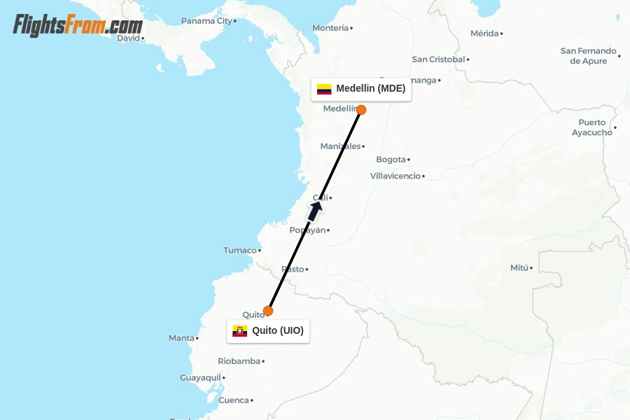 Flights from Quito to Medellin route map