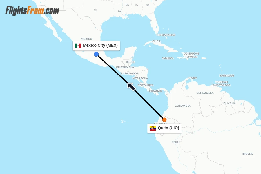 Flights from Quito to Mexico City route map