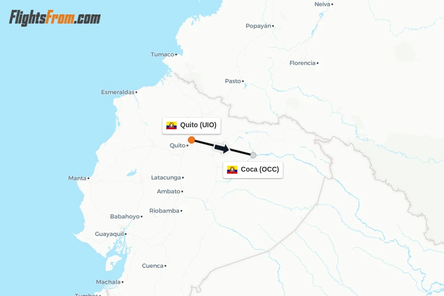 Flights from Quito to Coca route map
