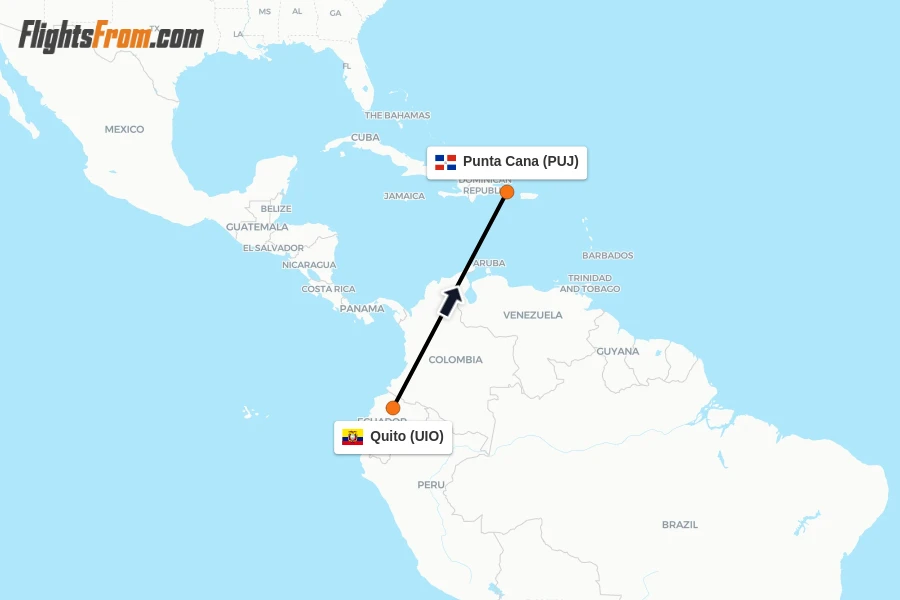 Flights from Quito to Punta Cana route map