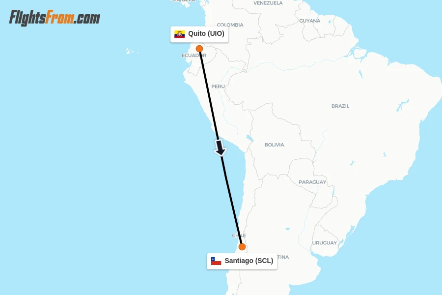 Flights from Quito to Santiago route map