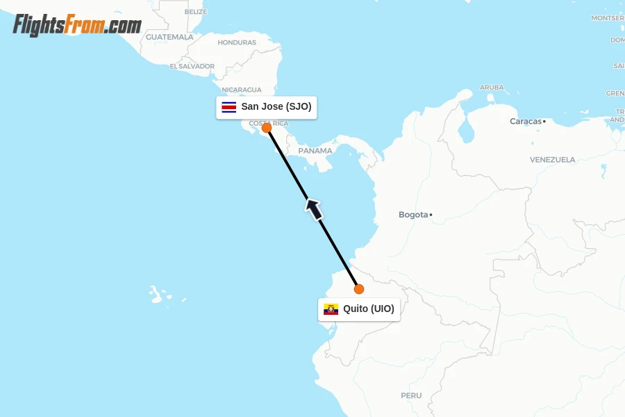 Flights from Quito to San Jose route map