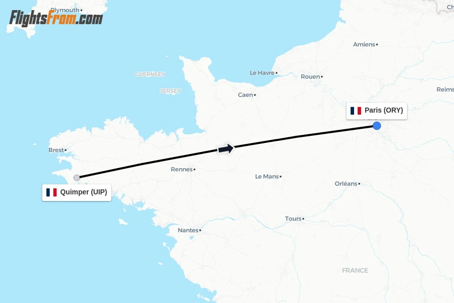 Flights from Quimper to Paris route map