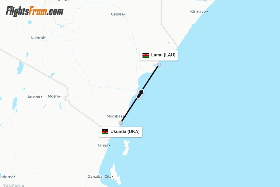 Flights from Ukunda to Lamu route map