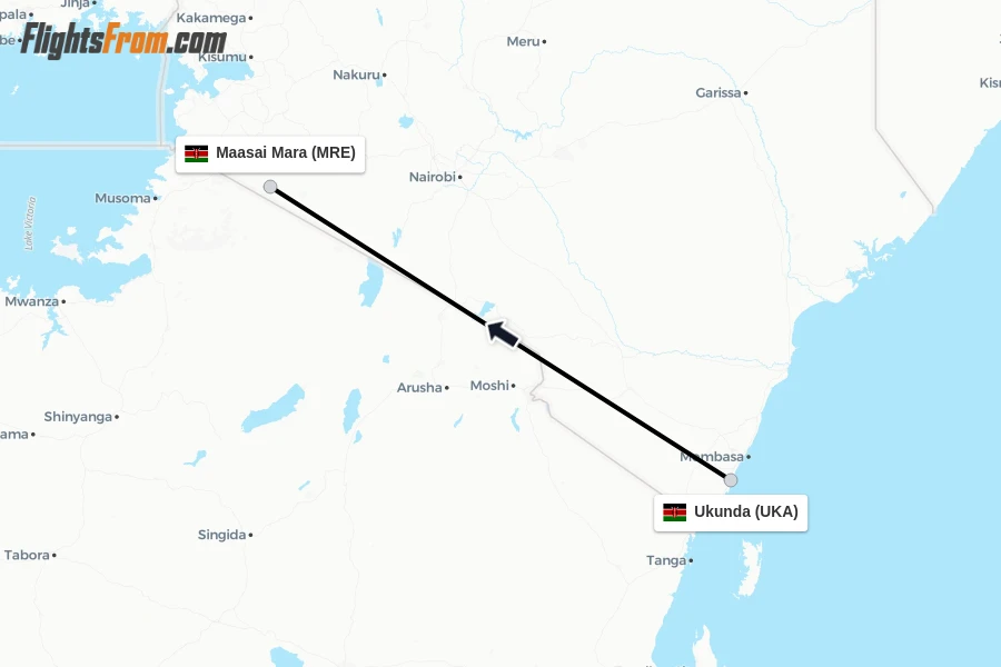 Flights from Ukunda to Maasai Mara route map