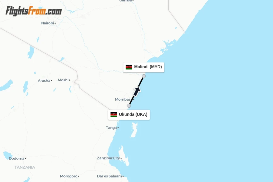 Flights from Ukunda to Malindi route map