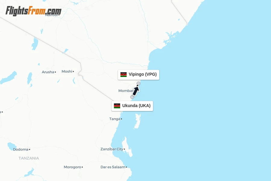 Flights from Ukunda to Vipingo route map