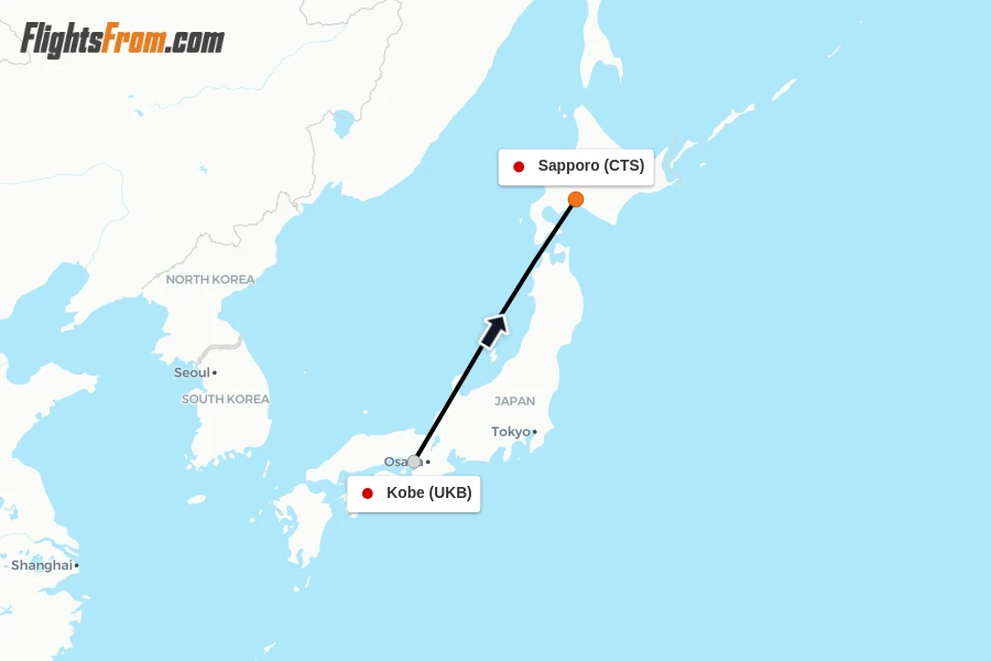 Flights from Kobe to Sapporo route map