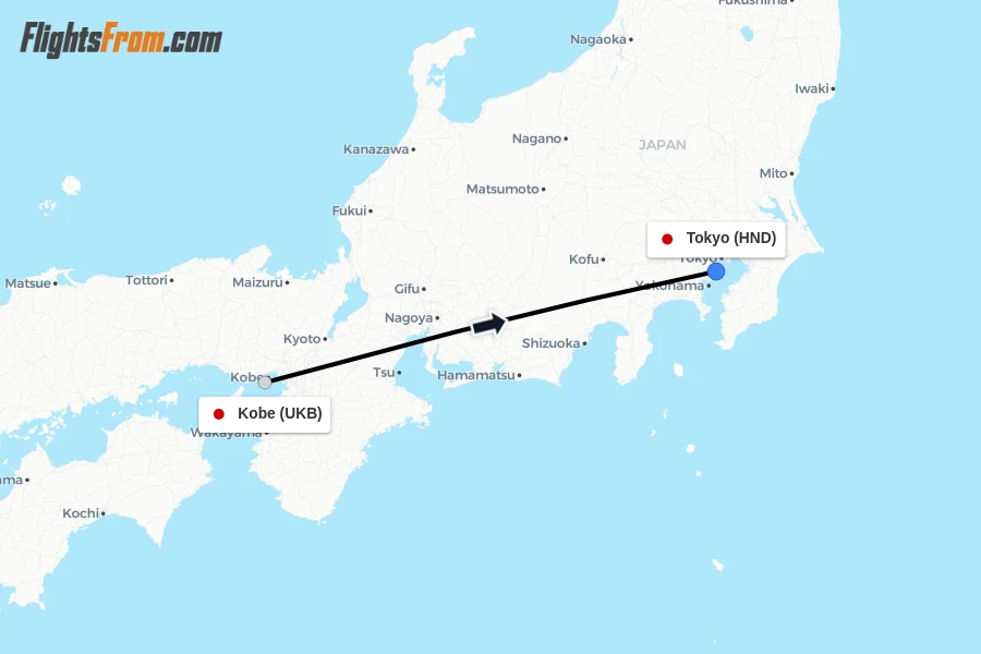 Flights from Kobe to Tokyo route map