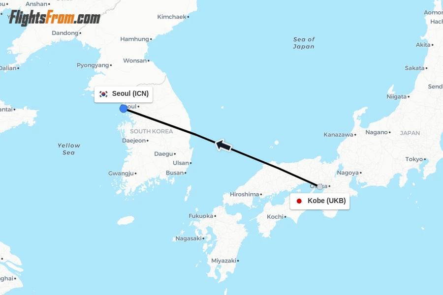 Flights from Kobe to Seoul route map