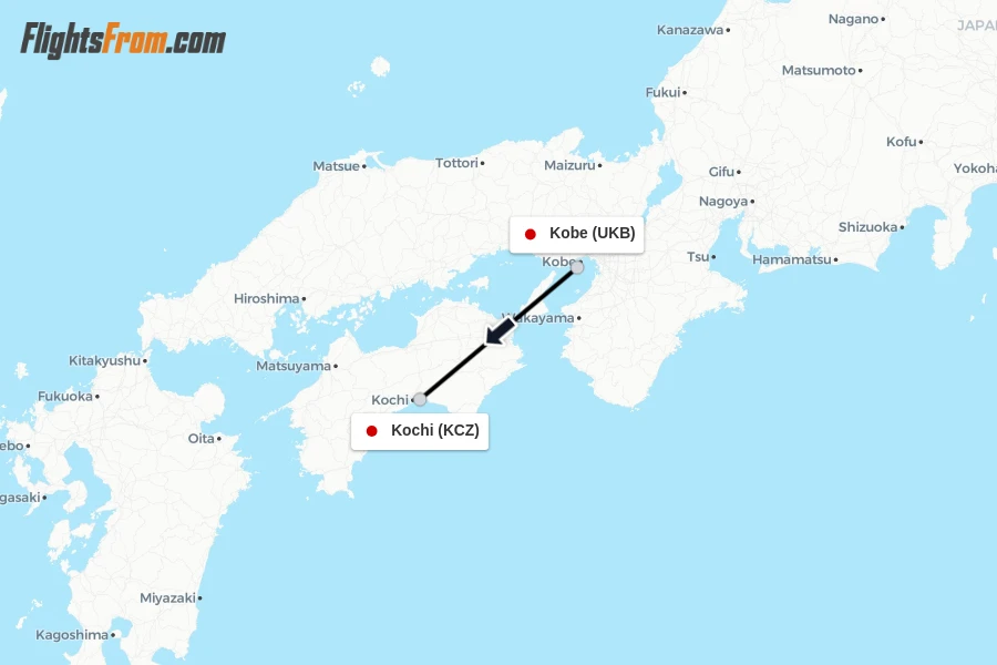 Flights from Kobe to Kochi route map