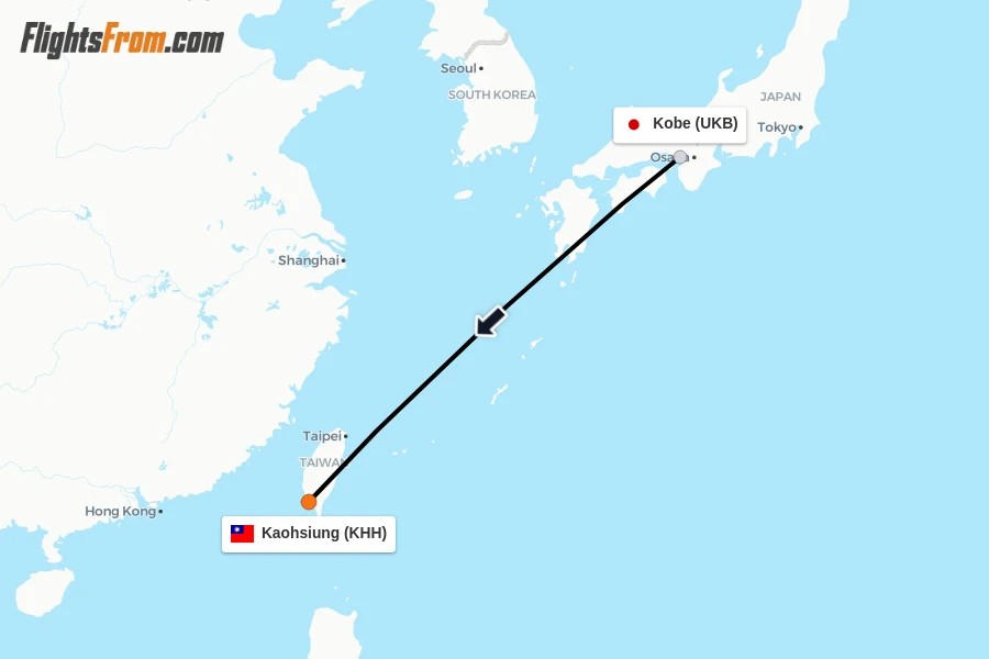 Flights from Kobe to Kaohsiung route map