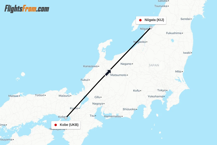Flights from Kobe to Niigata route map