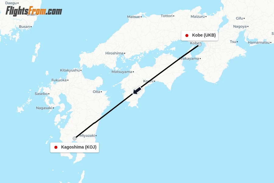 Flights from Kobe to Kagoshima route map
