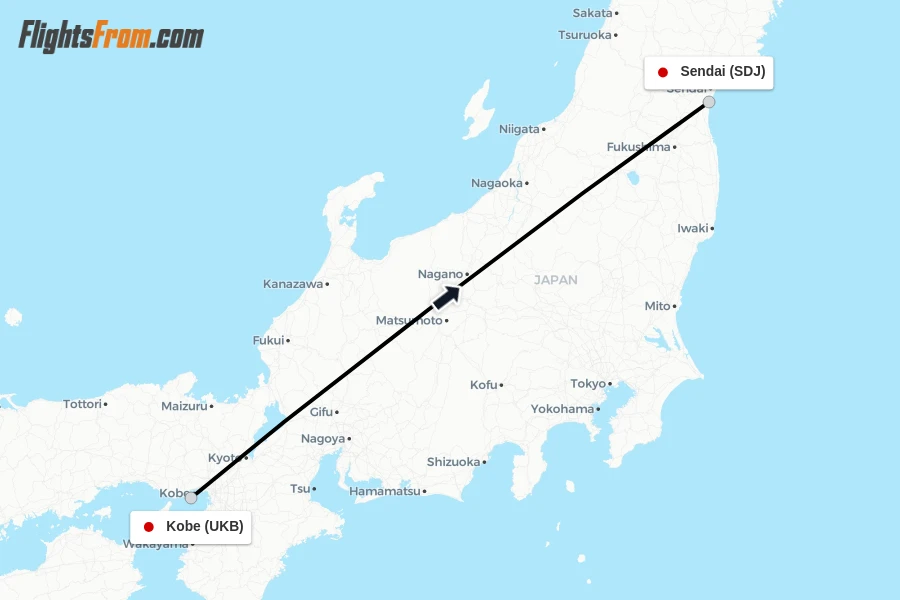 Flights from Kobe to Sendai route map