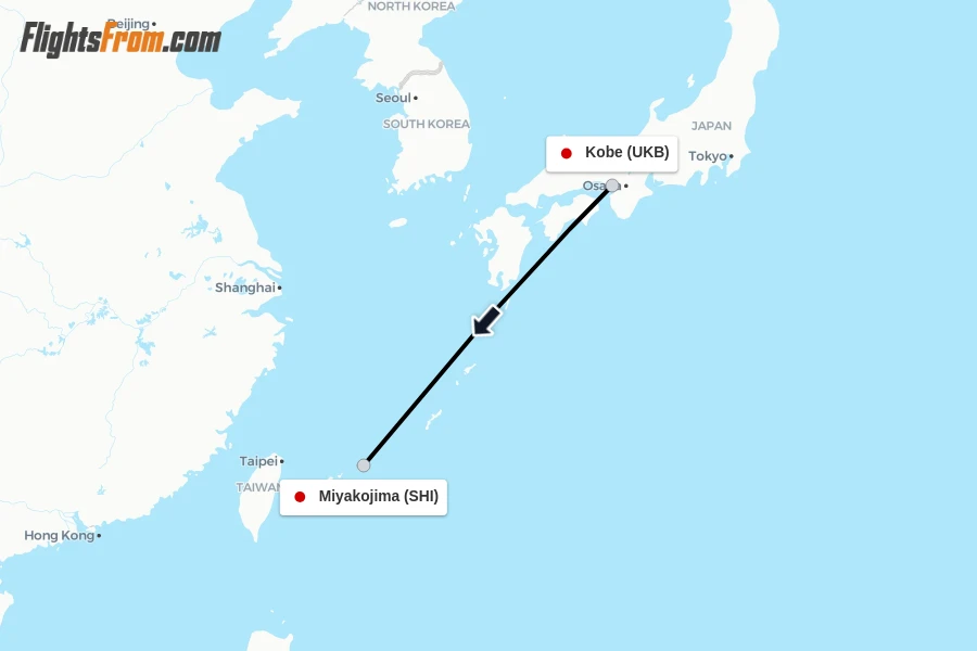 Flights from Kobe to Miyakojima route map
