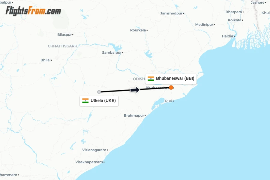 Flights from Utkela to Bhubaneswar route map