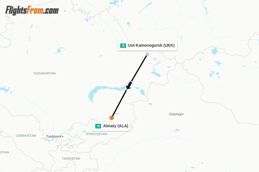 Flights from Ust-Kamenogorsk to Almaty route map