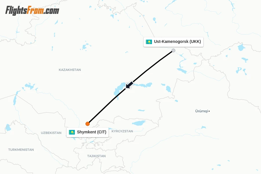 Flights from Ust-Kamenogorsk to Shymkent route map
