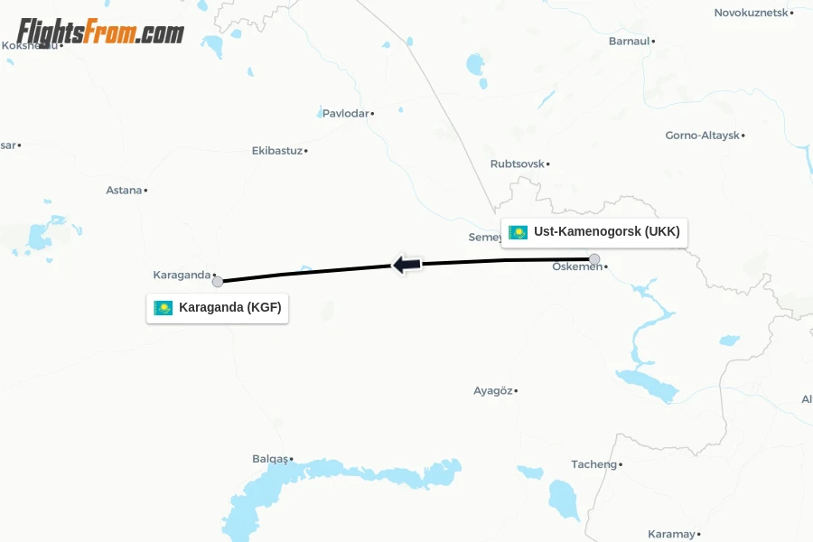 Flights from Ust-Kamenogorsk to Karaganda route map