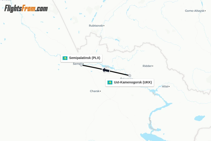 Flights from Ust-Kamenogorsk to Semipalatinsk route map