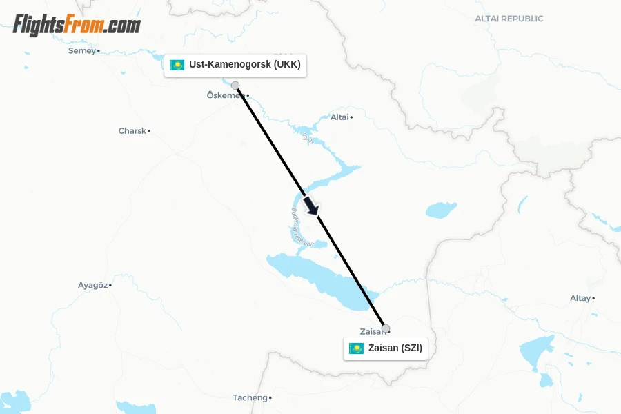 Flights from Ust-Kamenogorsk to Zaisan route map