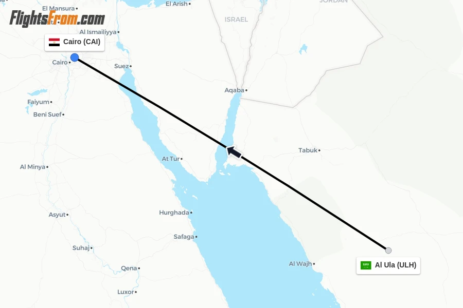 Flights from Al Ula to Cairo route map