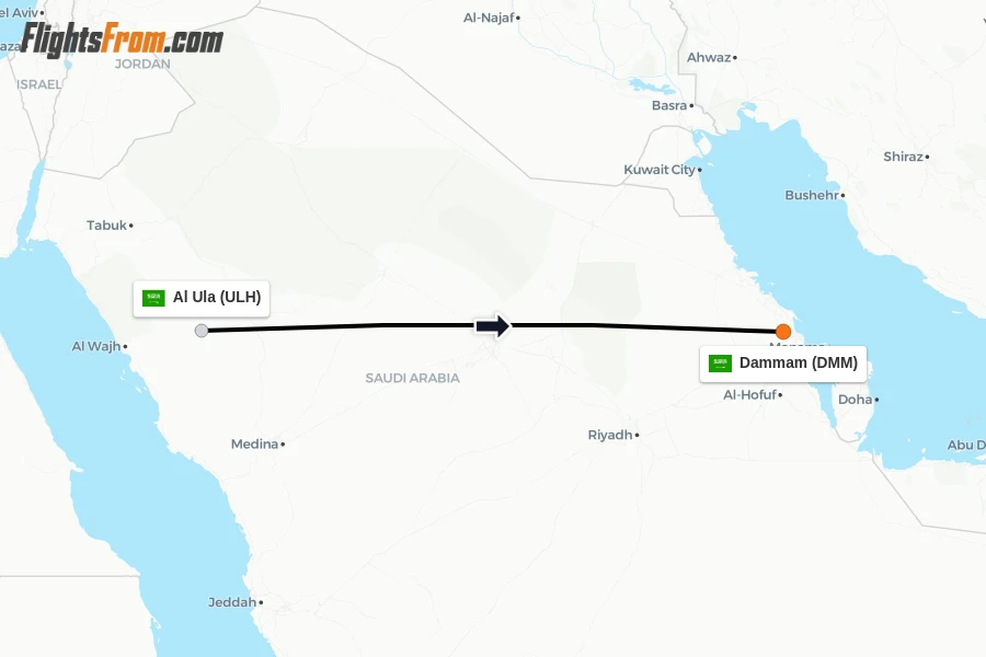 Flights from Al Ula to Dammam route map