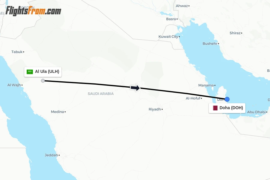 Flights from Al Ula to Doha route map