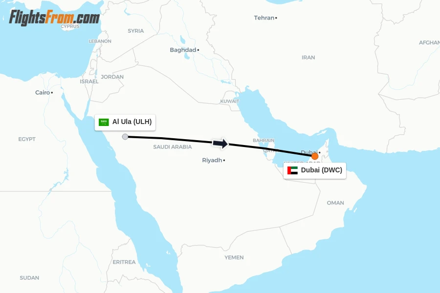 Flights from Al Ula to Dubai route map