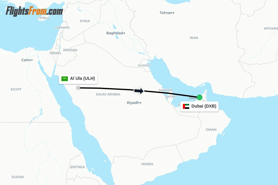 Flights from Al Ula to Dubai route map