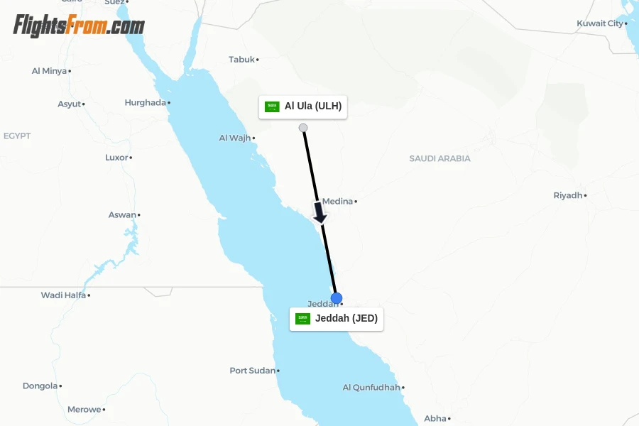 Flights from Al Ula to Jeddah route map