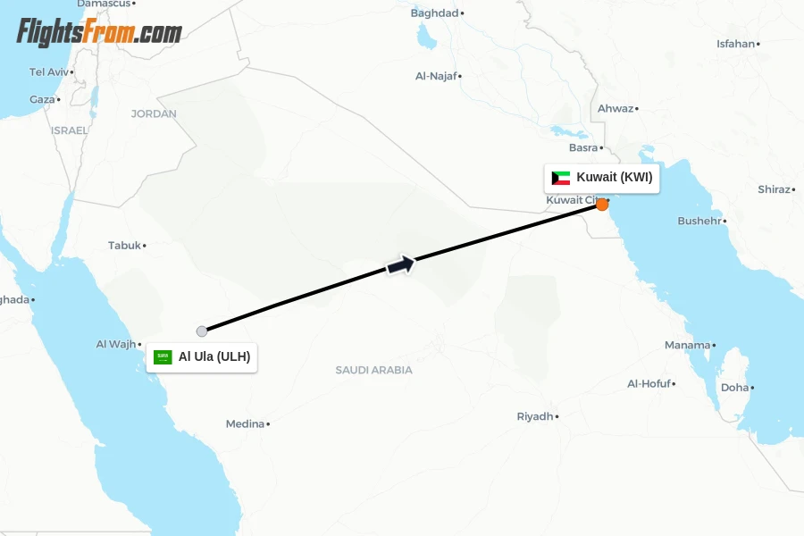 Flights from Al Ula to Kuwait route map