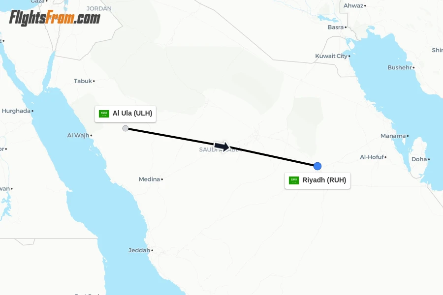 Flights from Al Ula to Riyadh route map